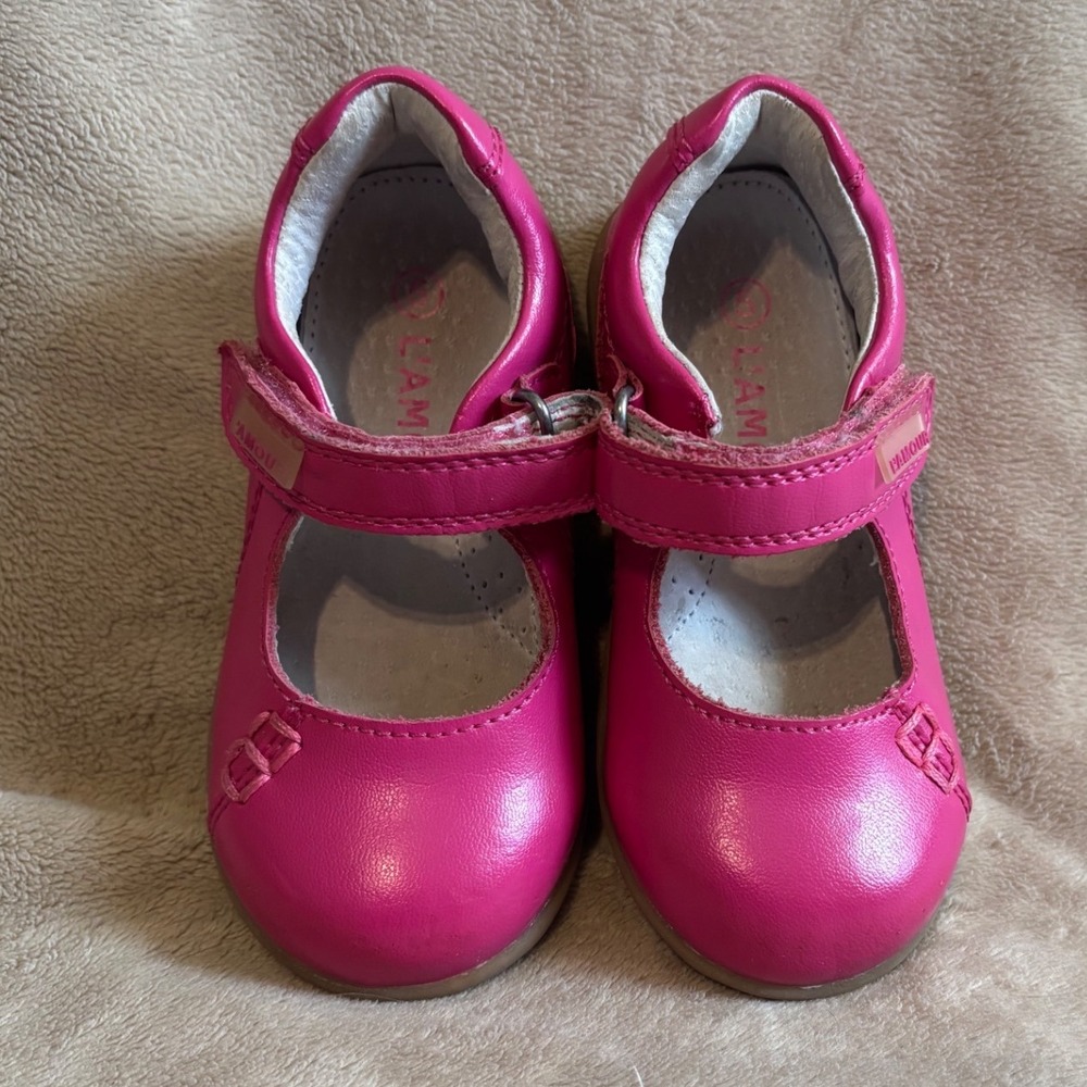 L'Amour Shoes Girls Hot Pink Leather Mary Jane Flats Size 5 Toddler Hook & Loop
